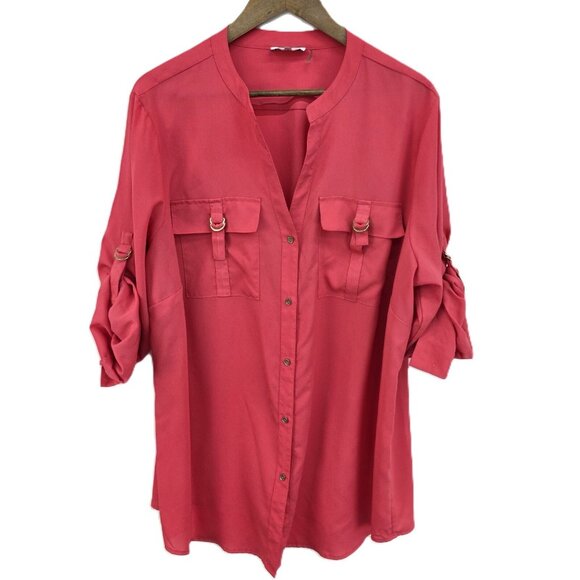 Calvin Klein Blouse Womens 2X Red Button Front Roll Tab Sleeve V-Neck Romantic‎ - Picture 1 of 11